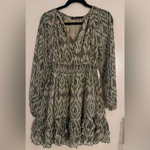 Zara Womens Mini Long Sleeve Ruffle Dress Green White Small